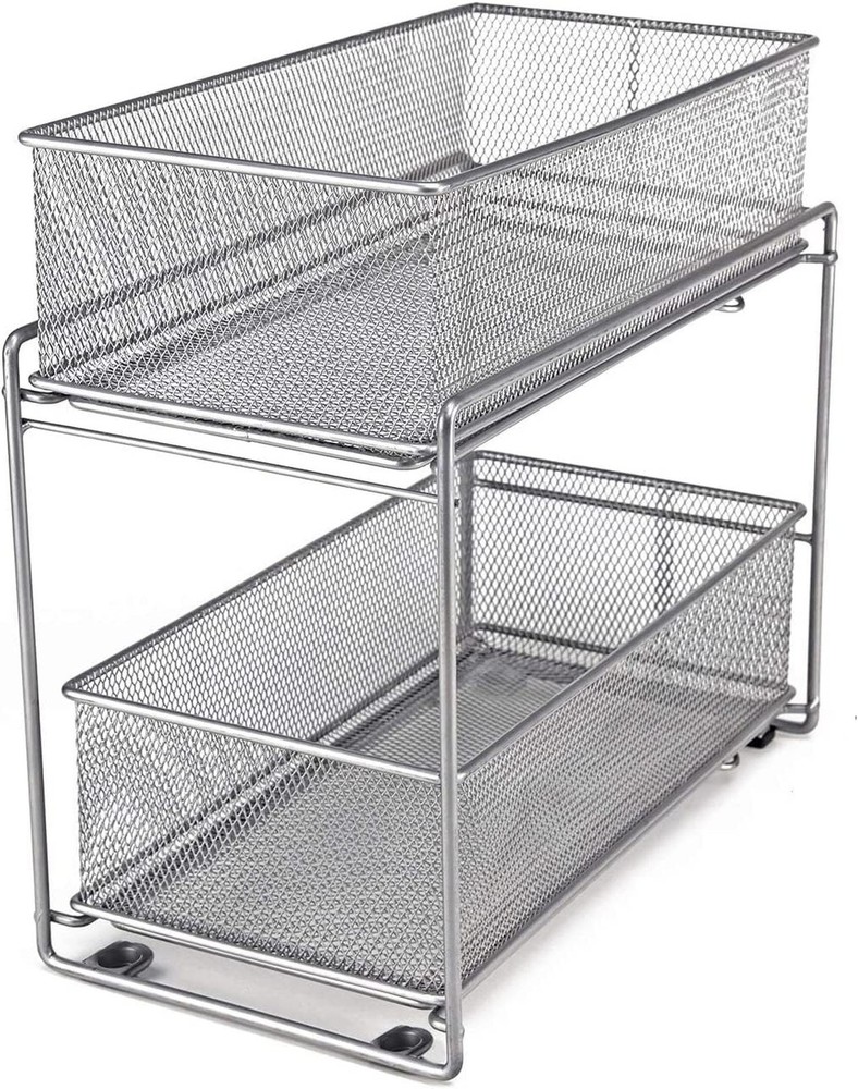 2 Tier Sliding Basket Stackable Cabinet Pull-Out Drawer Mesh Organizer for Ki...