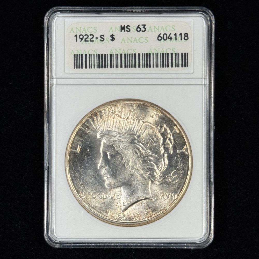 1922-S $1 MS63 Toned Peace Silver Dollar - ANACS Soapbox