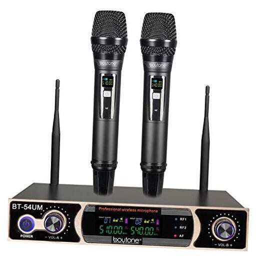 Dual Fixed Dynamic UHF Wireless Microphone System, Metal Microphone and Base,
