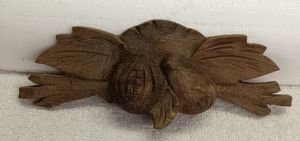 ANTIQUE WALNUT CARVED LEAF, FRUIT AND NUT PATTERN DRAWER, BIN, DOOR, HANDLE