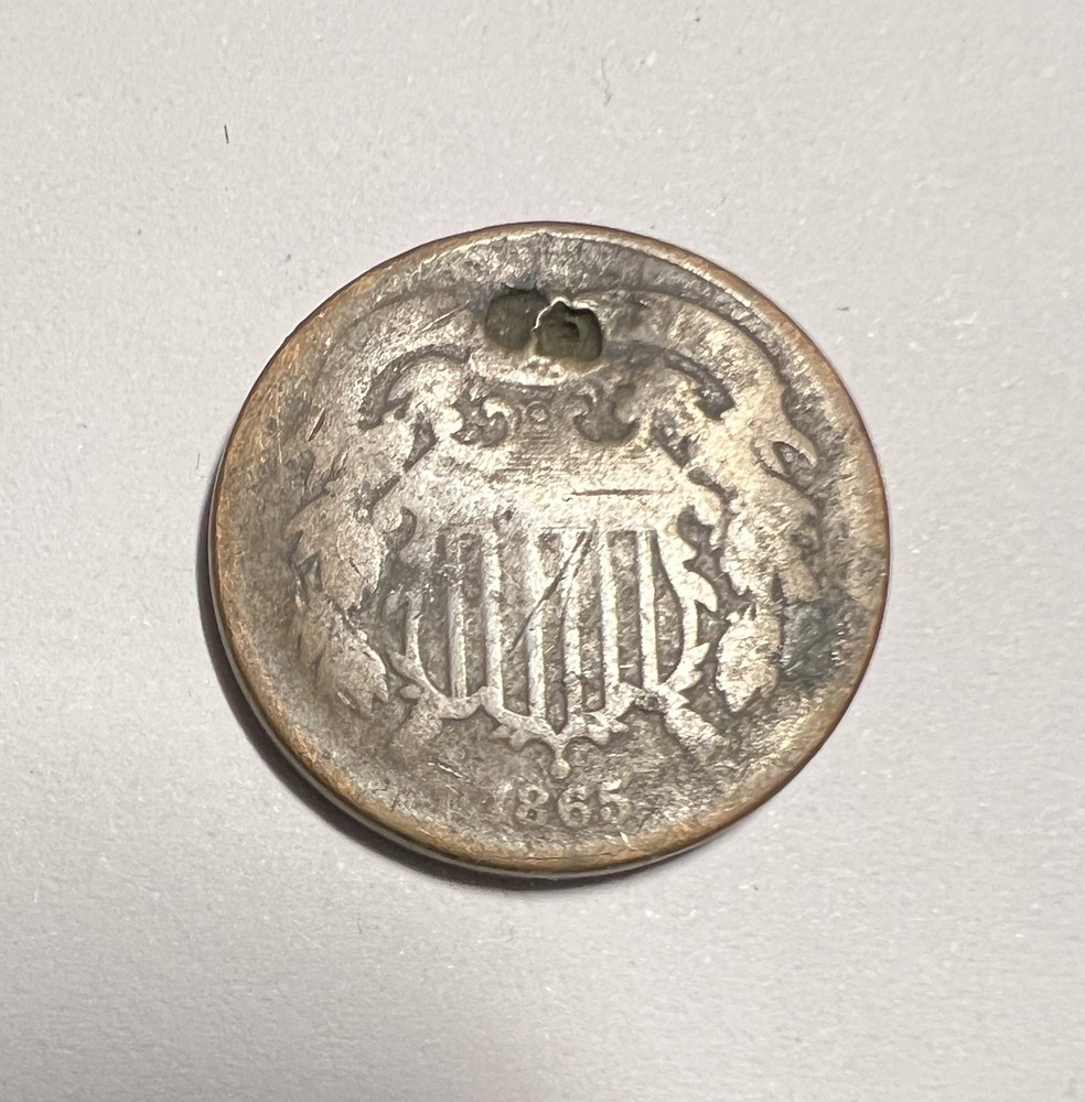 1865 - Two Cent Piece - Old Copper US Coin - (damaged)