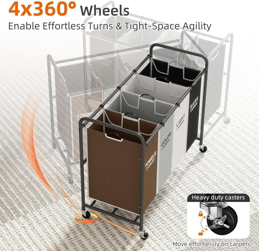 Versatile 4-Compartment Laundry Cart with Removable Bags for Easy Sorting - 180L