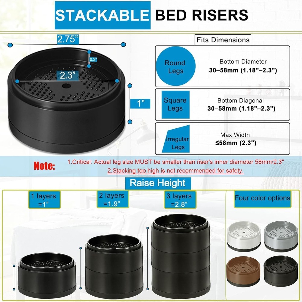 Bed Risers Heavy Duty Adjustable Stackable Furniture Blocks 4 Pack