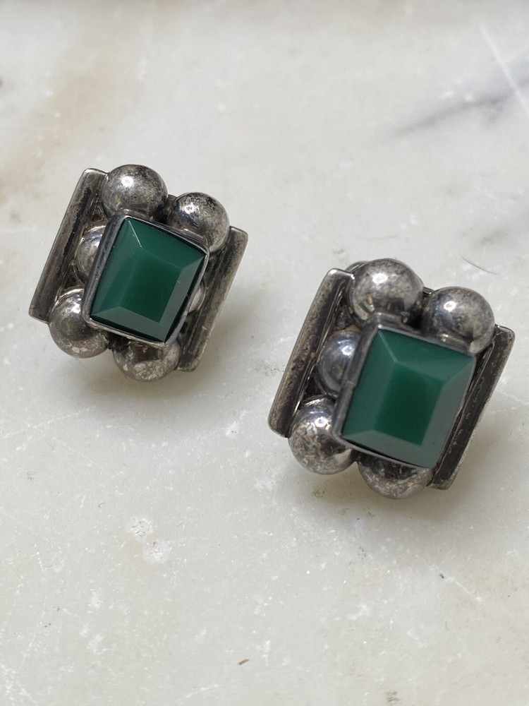 925 Mexico Silver Green Stone Earrings