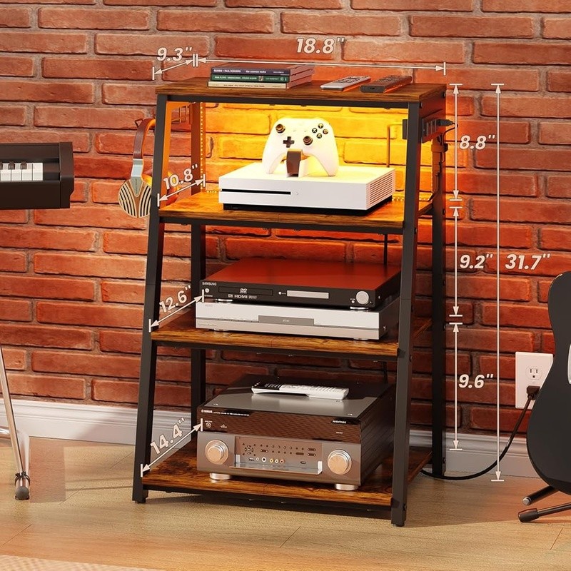 Audio Rack Stand USB Ports Adjustable Shelves LED Light Storage Solution