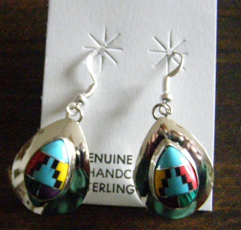 WIGWAM TRADERS MULTI COLOR INLAY TEAR DROP WIRE EARRINGS: #C828
