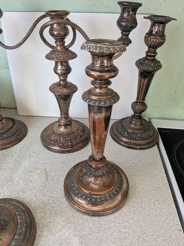 COLLECTION ANTIQUE SILVER PLATED ON COPPER CANDLESTICKS / CANDELABRA