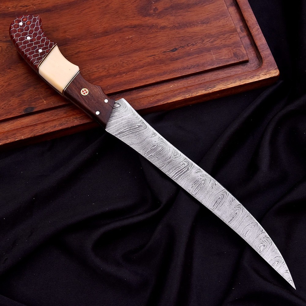 CUSTOM HANDMADE DAMASCUS HONEYCOMB HANDLE CHEF KNIFE PREIMUM LEATHER SHEATH
