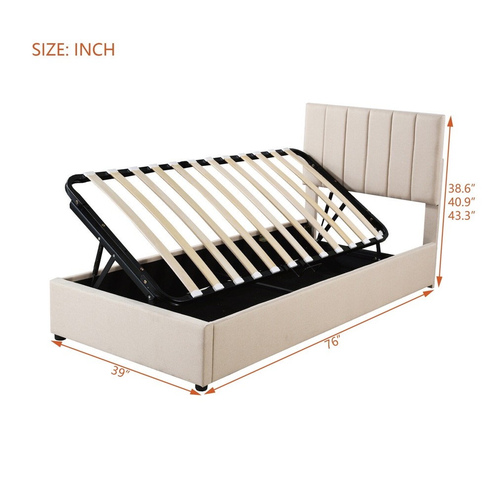 Twin Size Linen Upholstered Platform Bed w/ Hydraulic Storage System Beige