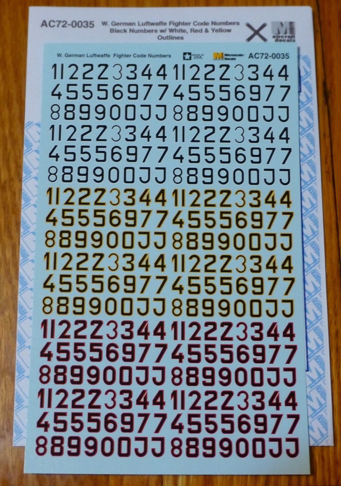 Microscale Decal #AC72-0035 W. German Luftwaffe Fighter Code Numbers Blk Numbers