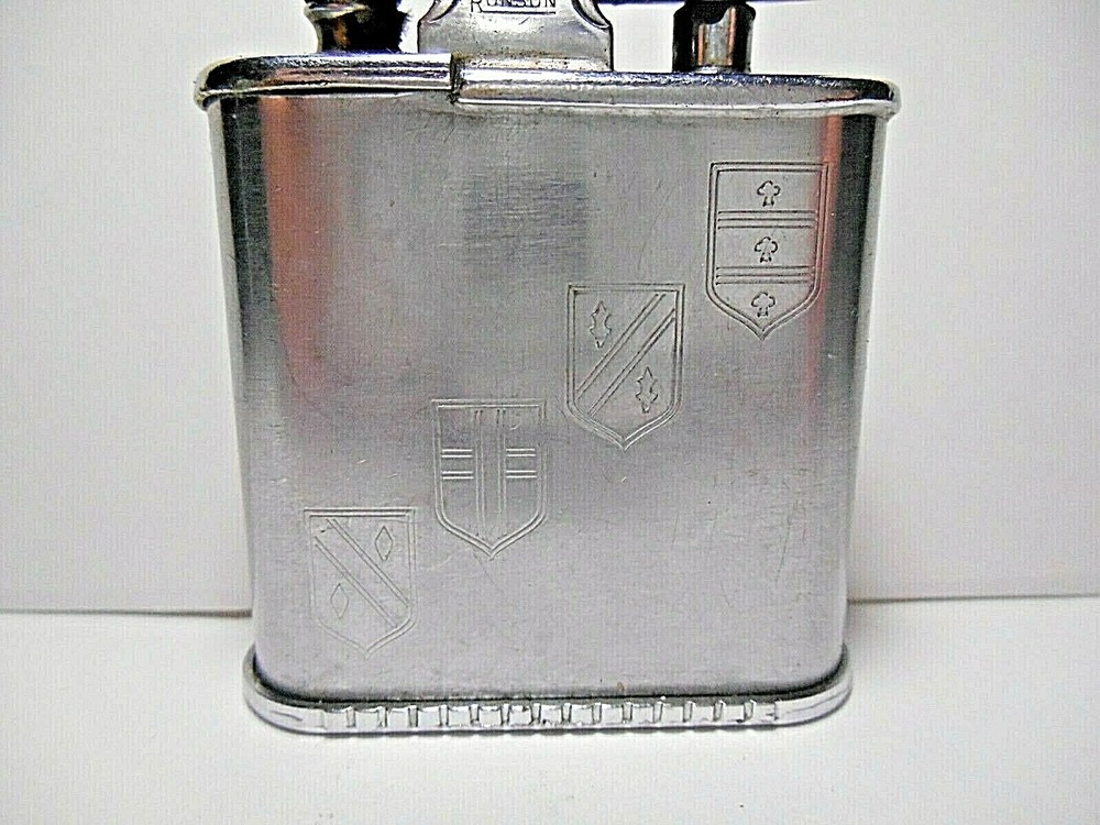 Vintage Ronson WHIRLWIND CHROME CIGARETTE LIGHTER. ETCHED 14TH CENTURY SHIELDS
