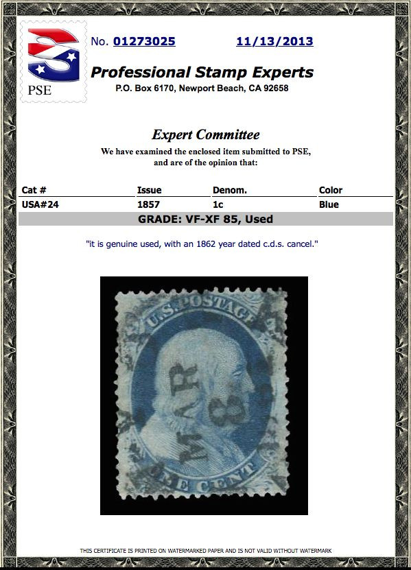#24 Used PSE Graded 85 with 1862 C.D.S., PSE Cert # 01273025