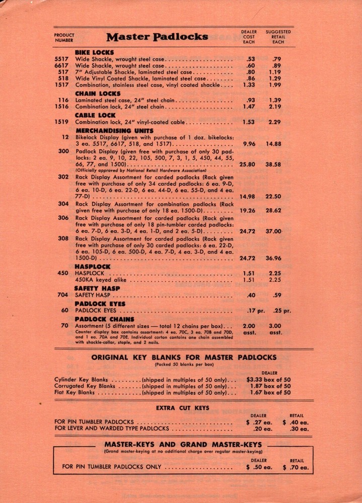 1966 Master Padlocks Price List 11" x 8"