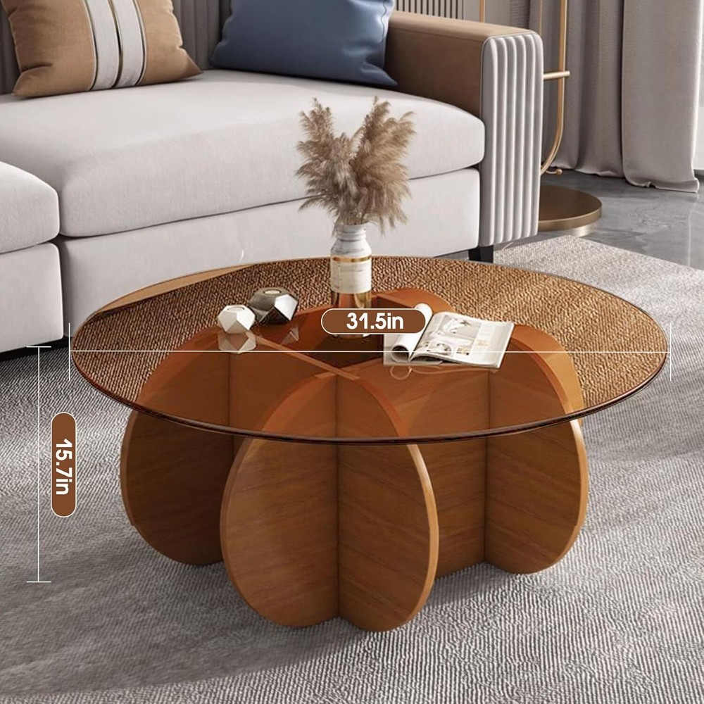 Modern Round Coffee Table with Solid Wood Legs, 31.5'' 31.5in, Walnut + Brown