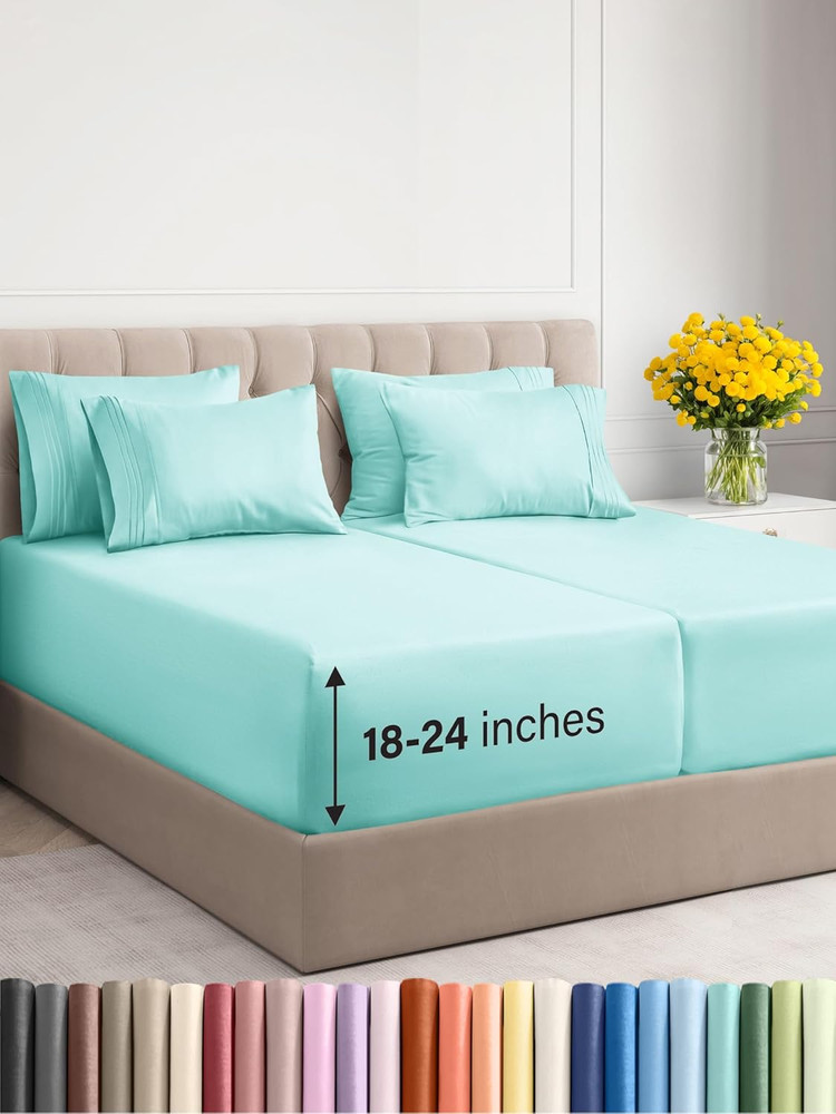 Cooling Extra Deep Split King Sheet Set - 7 Piece Luxury Bedding in Spa Blue