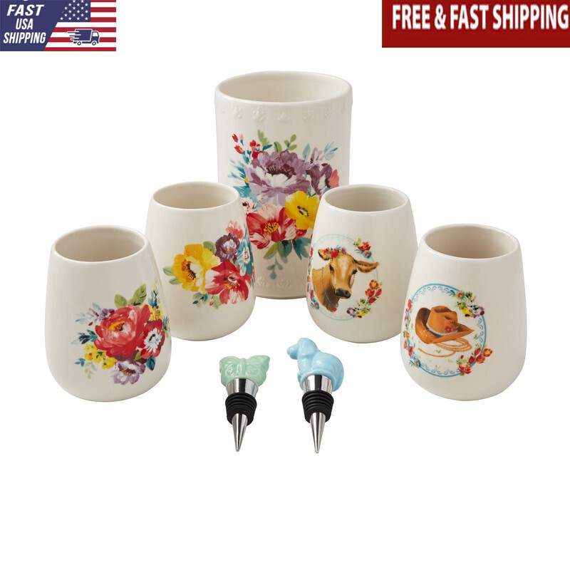 Wine Set 7-Piece Stoneware Bottle Stoppers Coordinating Cups Wine Chiller
