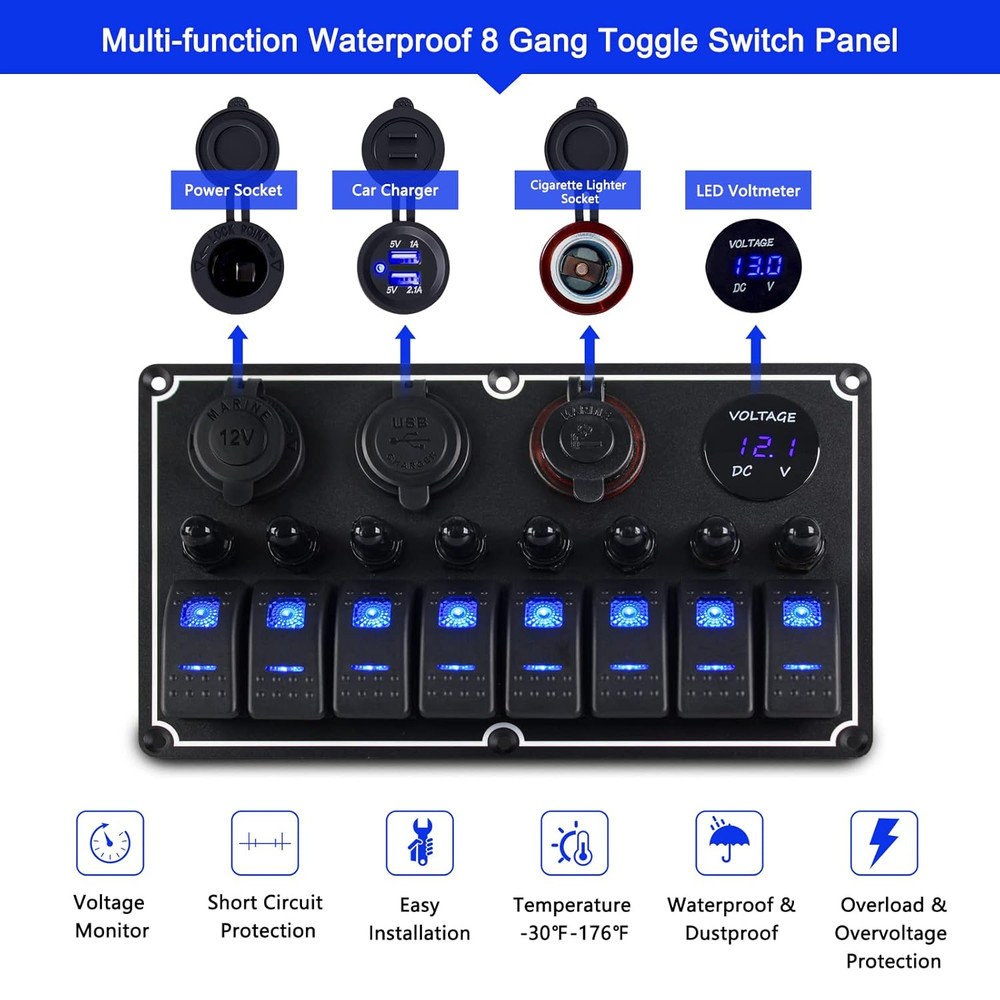Marine Switch Panel Waterproof,8 Gang Boat Rocker Switch Panel,Multi-Function To