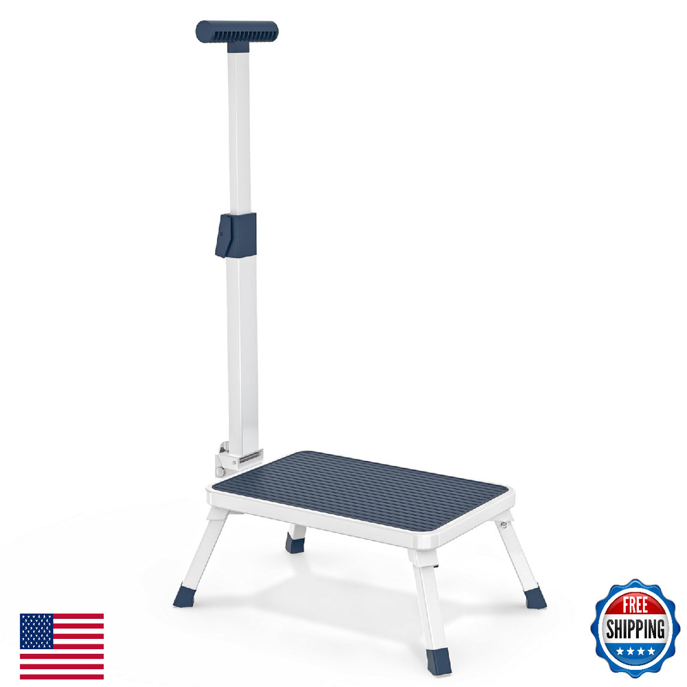 Folding Step Stool with Handle for Elderly Adults - Portable Metal Stepping