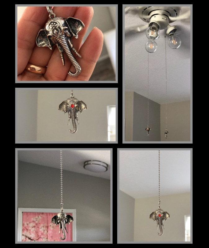 3D Elephant Ganesh Chrome Silver Crystal Bindi Ceiling Lighting Fan Pull Yoga