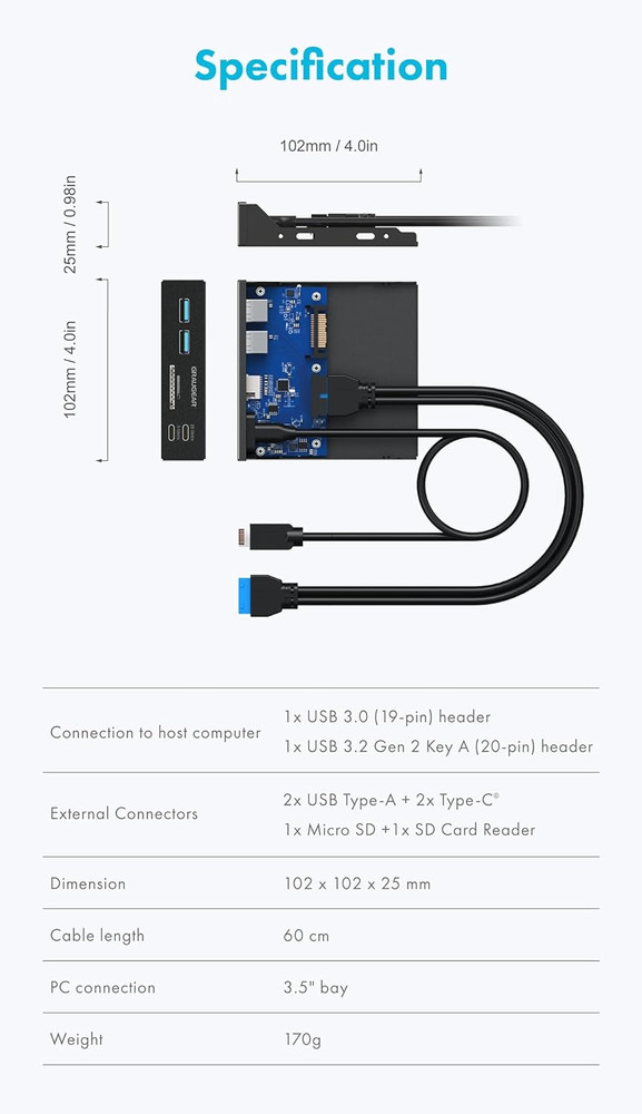 3.5 Inch Front Panel USB C Hub Sd/Microsd Internal Card Reader 20Gbps USB 3.2 ..