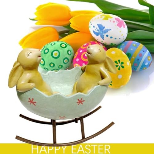 KiaoTime Laughing Bunny Rabbits Rocking in an Easter Egg Cradle - Spring Easter