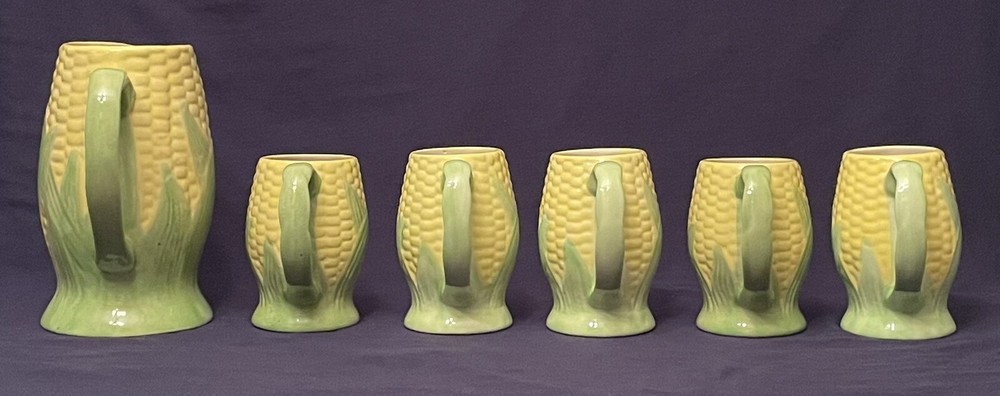 Corn Cob Ear Pitcher & Matching Mugs, Ceramic Pottery. Preowned Good Condition