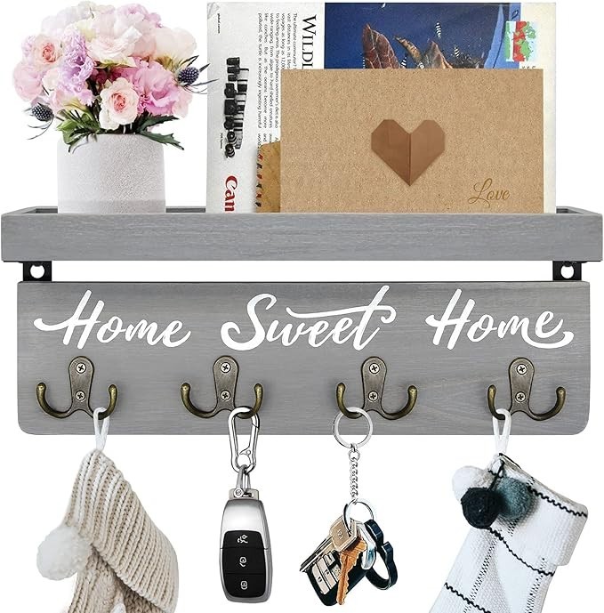 Key Holder Wall Mount with 4 Double Hooks-Solid Wood Wall-Mounted Organizer for