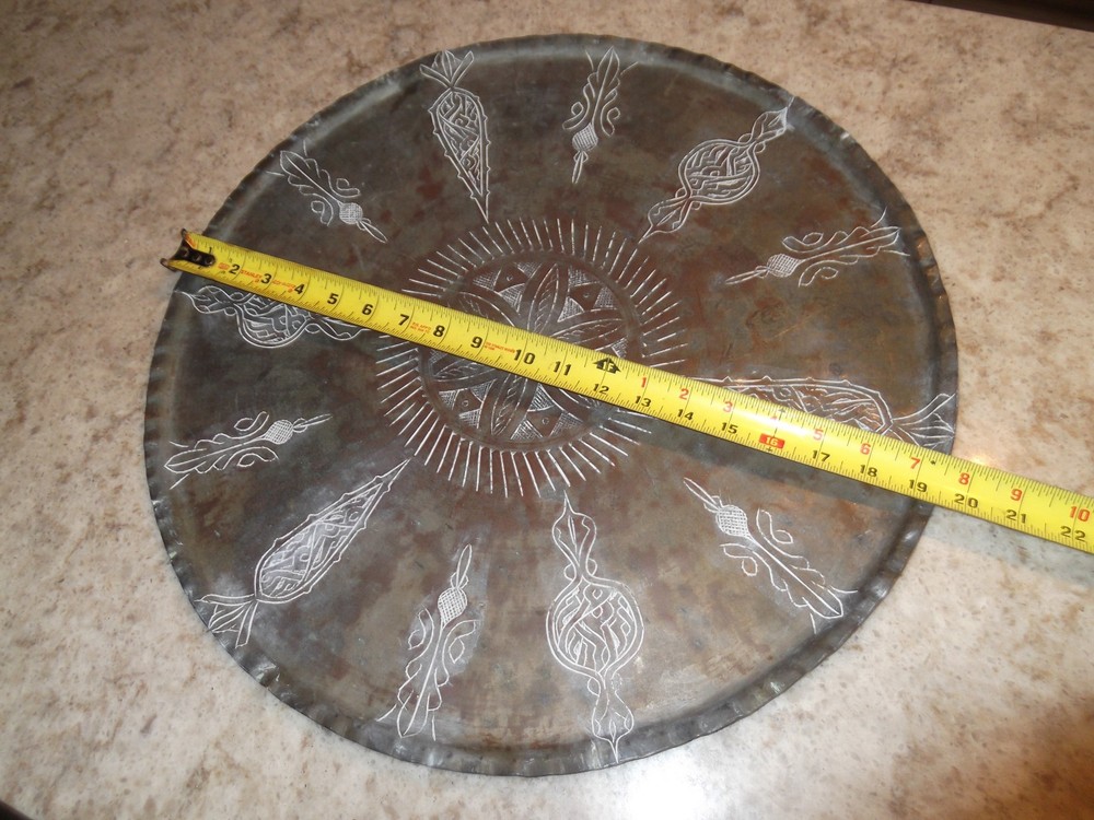 Antique Middle Eastern Copper Table Top Tray Engraved