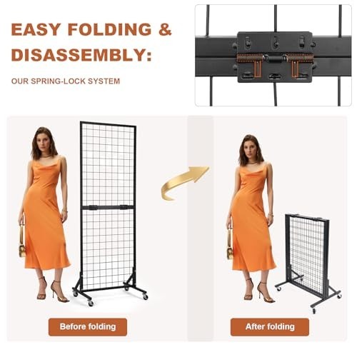 Foldable Grid Wall Panels Display Rack 5.6' x 2' FT, 30 Hooks, Movable Retail St