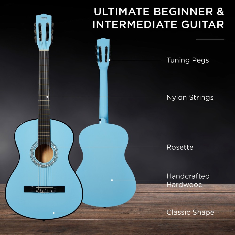 38in Beginner Acoustic Guitar Set, Light Blue, Case, Strap, Extra Strings, BCP