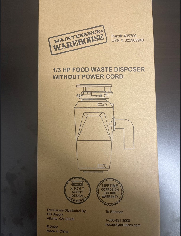 Maintenance Warehouse Garbage Disposal 1/3 HP W/Installed Power Cord (US-MW3-44)