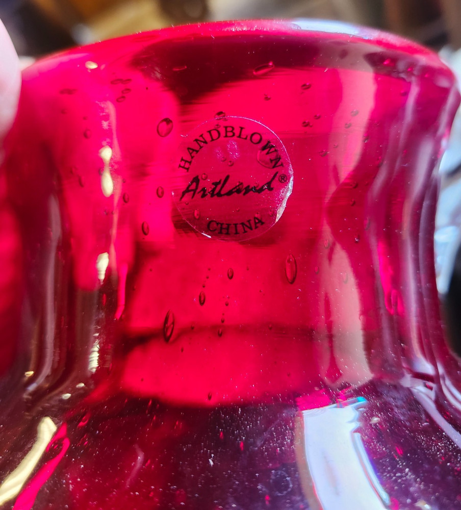 Artland Iris Ruby Red Hand Blown 80 oz Pitcher – 7.25" Tall, Seeded Bubbles