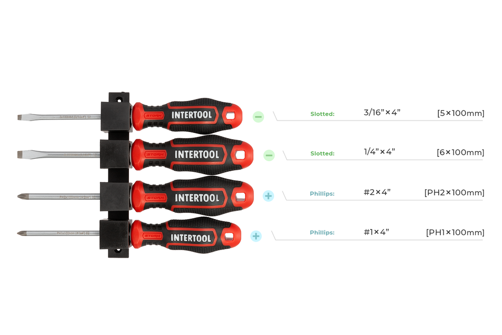INTERTOOL 4-Piece Magnetic Tip Screwdriver Set with Phillips & Slotted VT08-3434