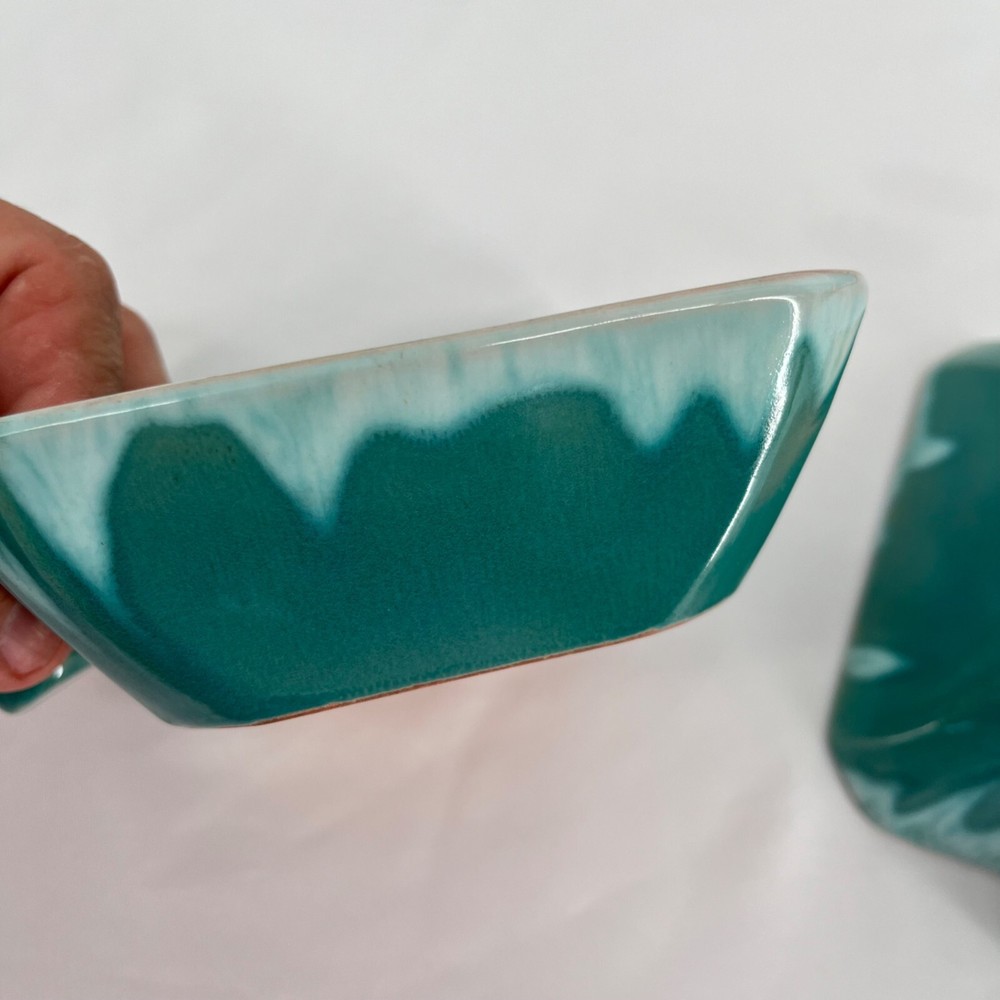 Vintage Turquoise Ceramic Dinnerware Set 6 Pieces Square Plates & Mugs