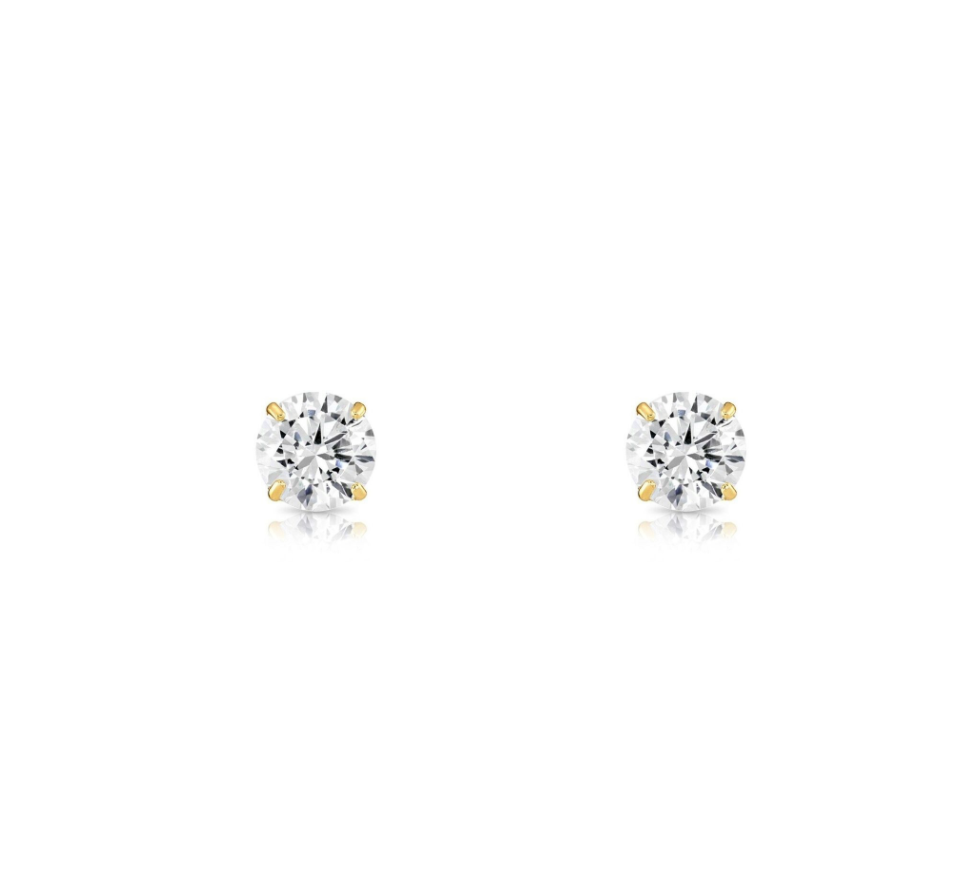 14K Solid Yellow/White Gold Round CZ Stud Earrings Basket Setting 2-10mm