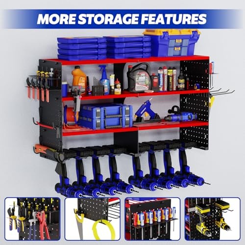 Large Power Tool Organizer Wall Mount, 4 Layer Storage Rack with 8 Drill