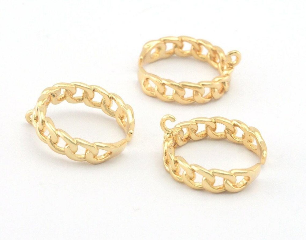 Chain Ring Adjustable Ring with loop - Shiny gold plated brass 5 - 8 US 4303