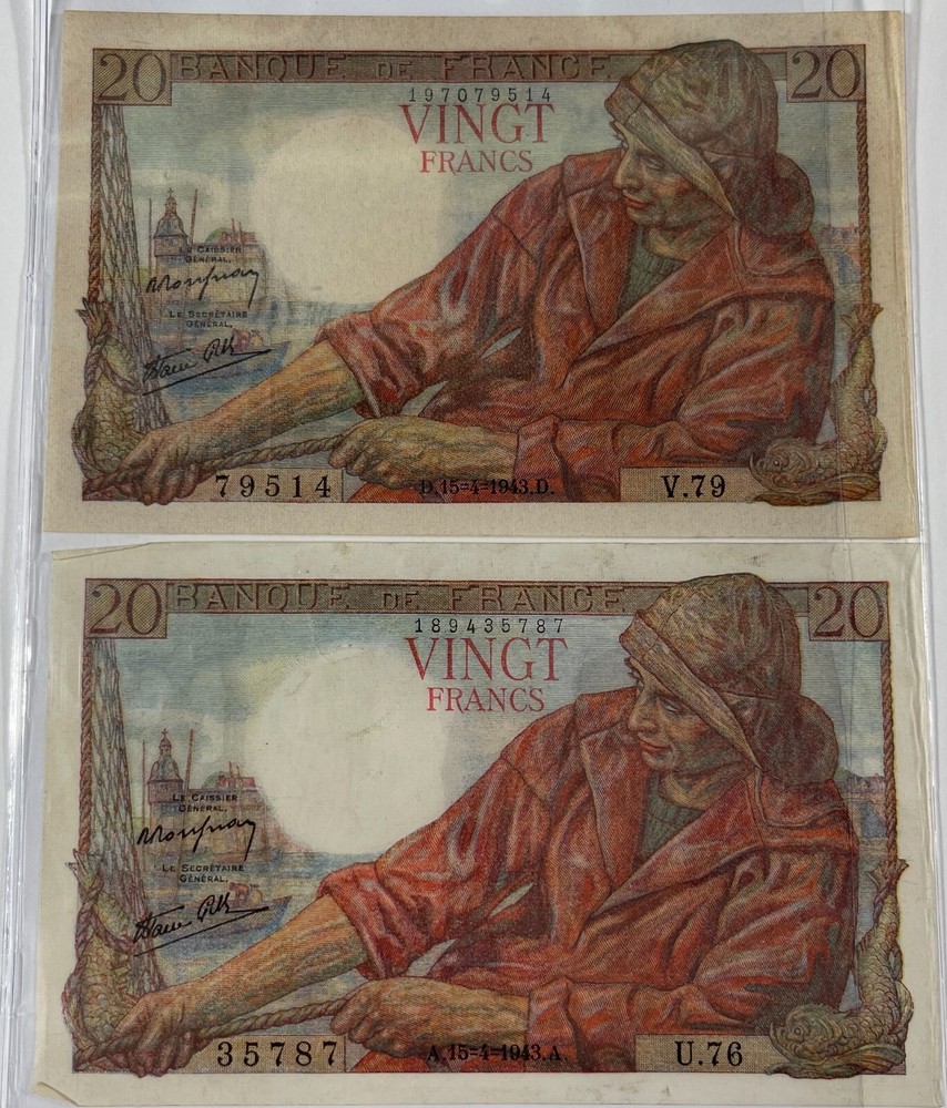 France 1943 20 Francs 2 pcs. (#573) decent notes