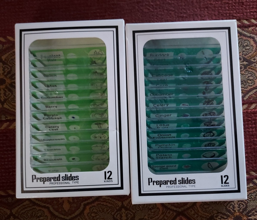 Two  12 Pcs Prepared Microscope Slide Boxes -  Professional Type - Plants