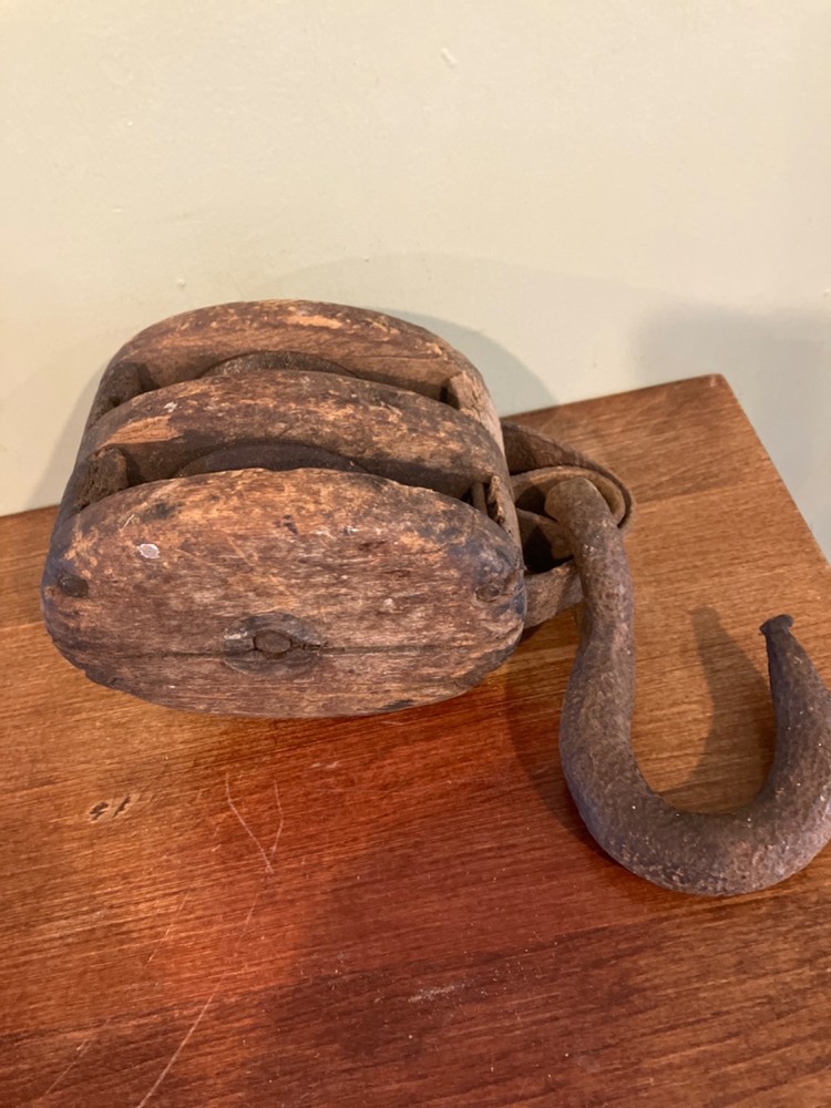 Primitive Iron Hook/ Wood Double Pulley Maritime Ship Barn Tool- Hand Made