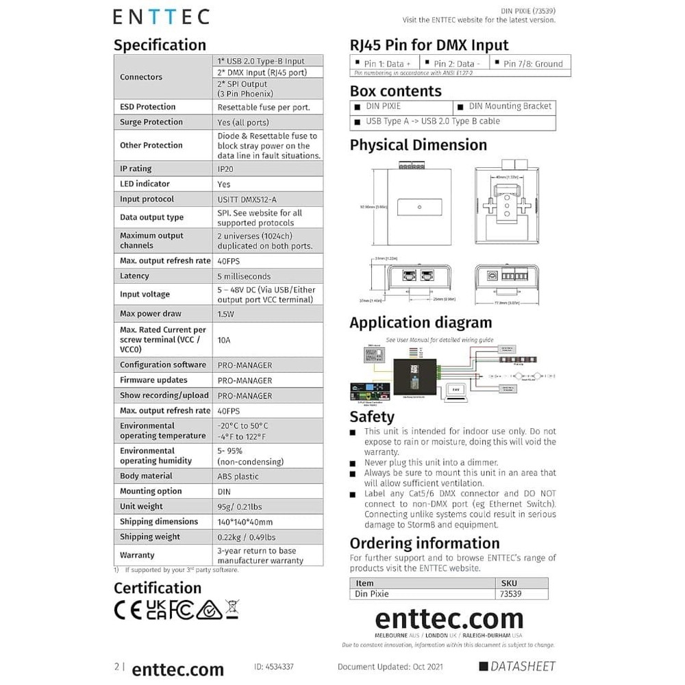 Enttec Din Pixie 73539, 2 Universe DMX LED Pixel Controller (Open Box)