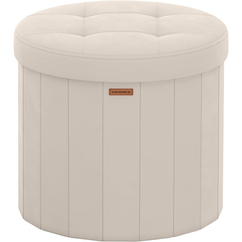 Round Storage Ottoman Folding Footrest Stool with Removable Lid Easy Assembly