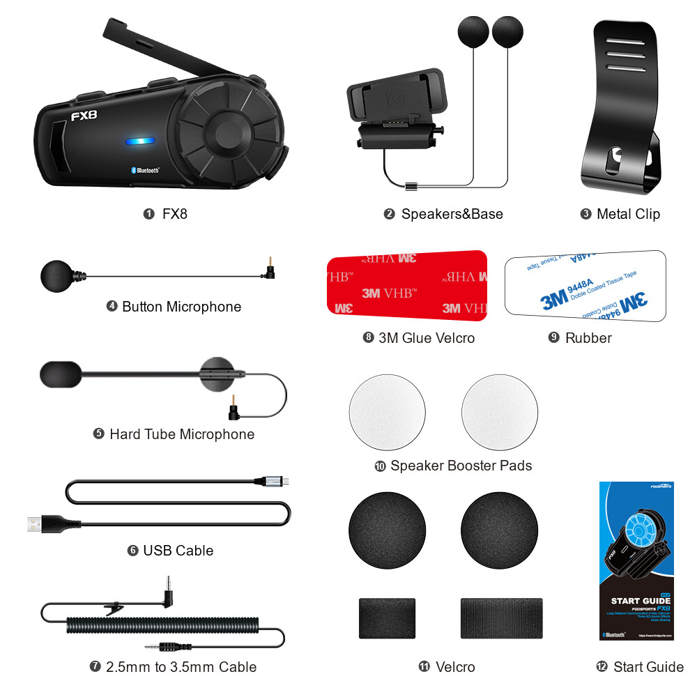 FX8 Motorcycle Helmet Intercom Intercom Bluetooth Rider Headset 2000M FM