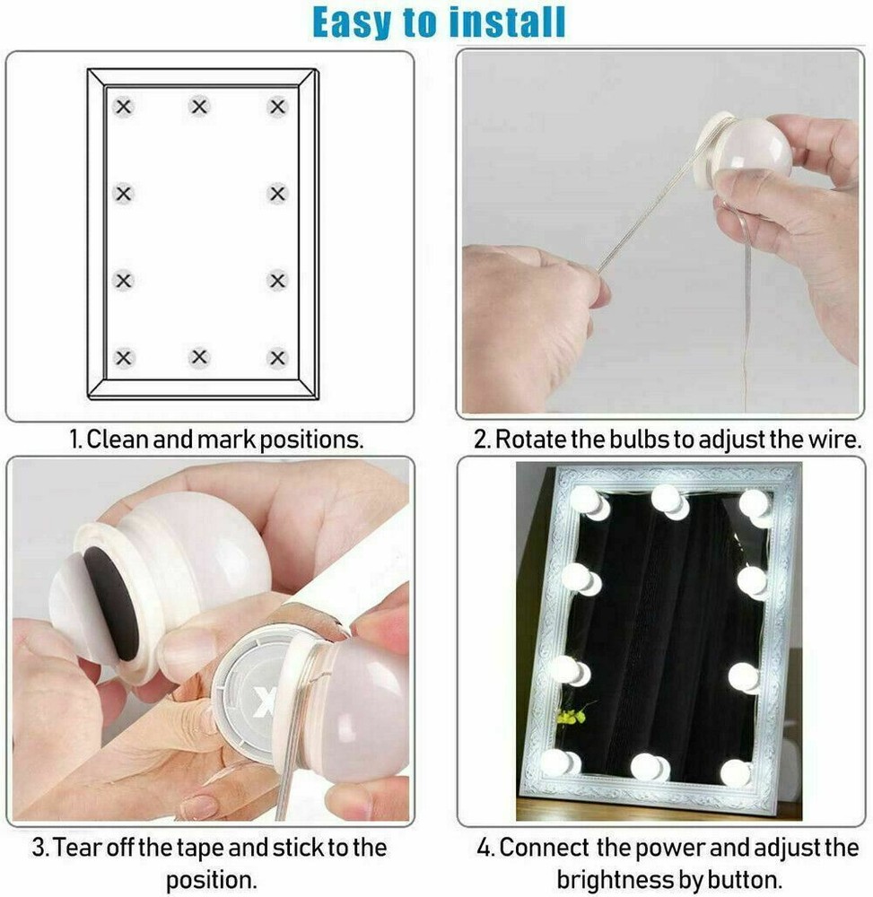 Make Up Mirror Lights 10 LED Kit Bulbs Vanity Light Dimmable Lamp Hollywood