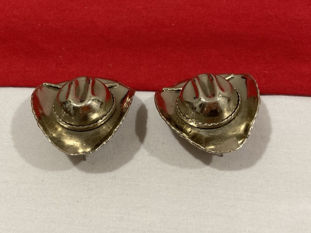 Vintage Cowboy Hat Shape WESTERN THEME Silver Toned Large Statement EARRINGS