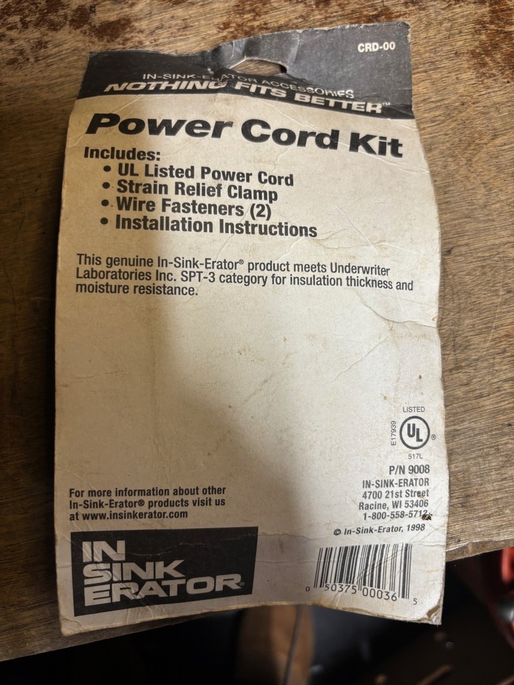 InSinkErator Garbage Disposal Power Cord Kit CRD-00 NOS