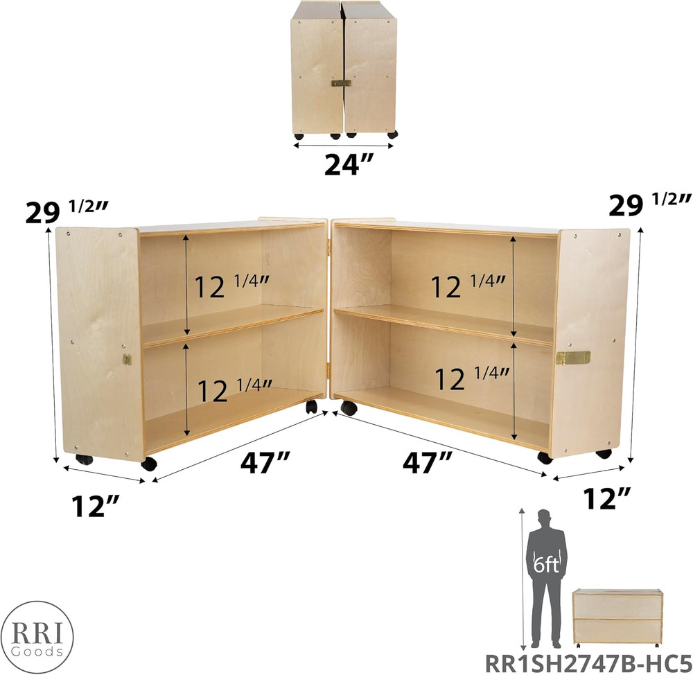 Rolling Folding Hinge Bookcase with Casters - 2-Shelf Storage Unit