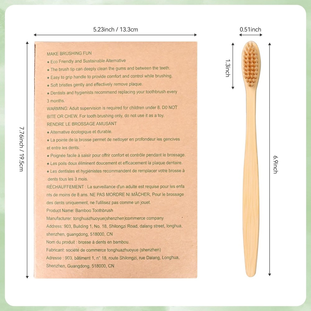 Bamboo Toothbrushes Soft Bristles 10 Pack, Biodegradable BPA Free Soft Bristles