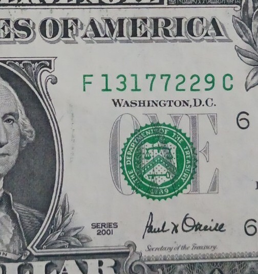 2001 $1 Dollar Bill Error Print Obstruction seal shift