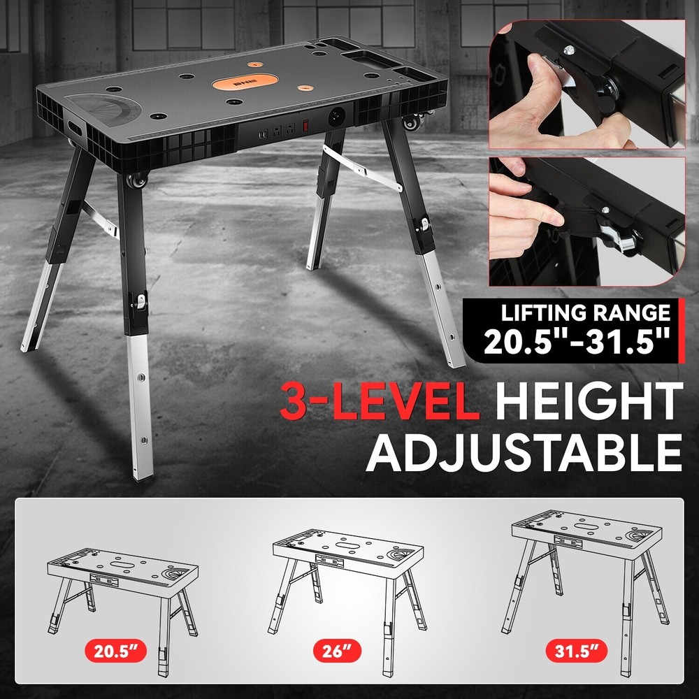 [5-In-1] Heavy Duty Adjustable Height Folding Workbench Work Table w/ 4 Wheels